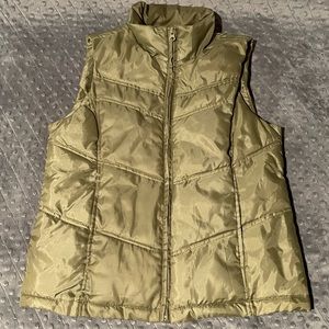 Olive green zip-up nylon puffer vest.. no size tags, approximately Medium